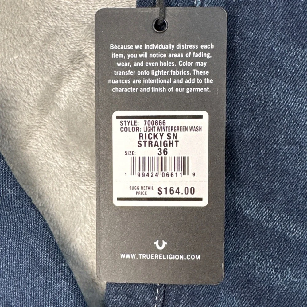 True Religion Jeans Mens 36 Ricky SN Straight Light Wintergreen Wash Denim NEW